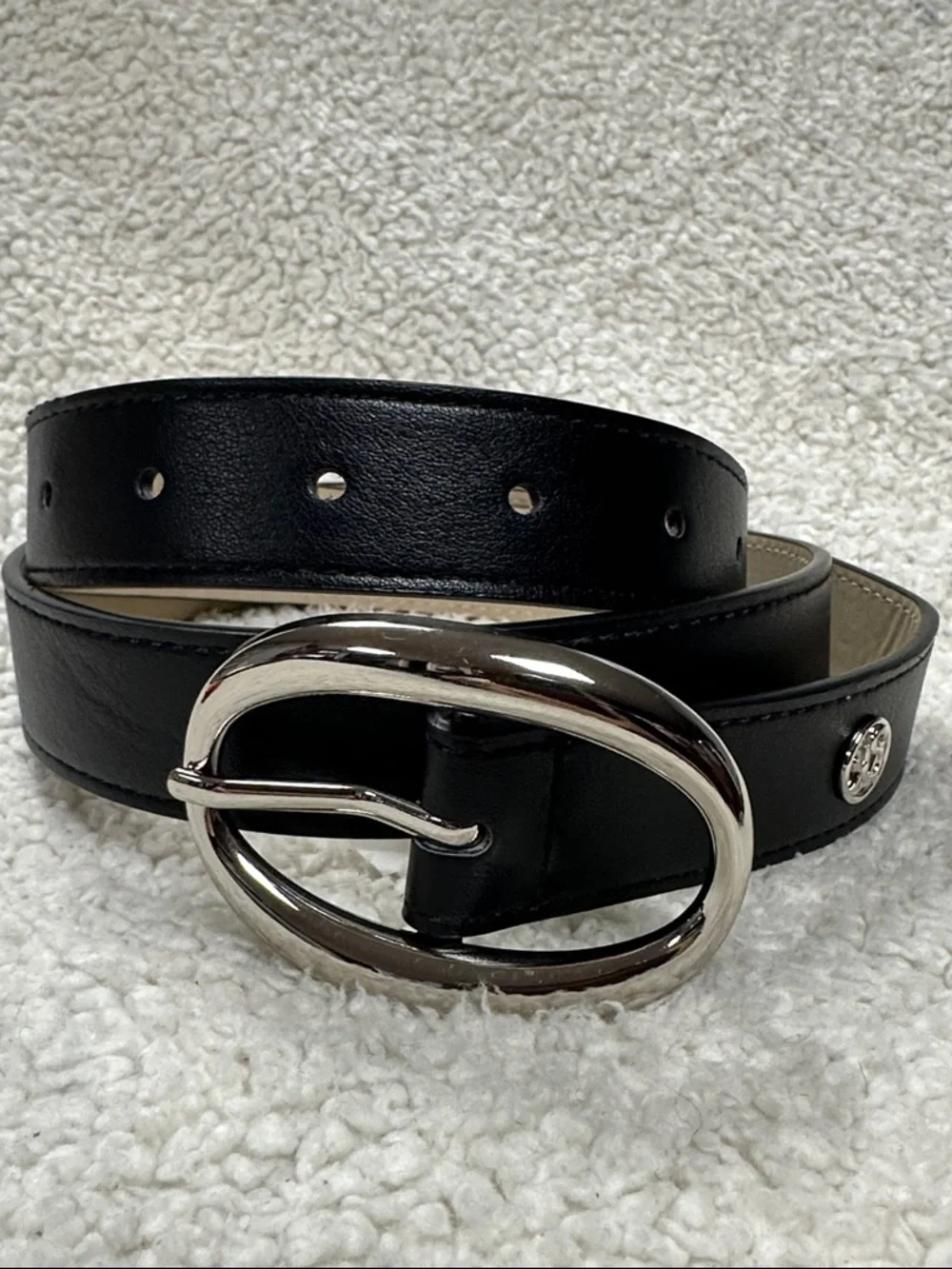 Black Vegan Leather Belt with Shiny Silver colored Oval Buckle, ‘SW” Logo NWOT L